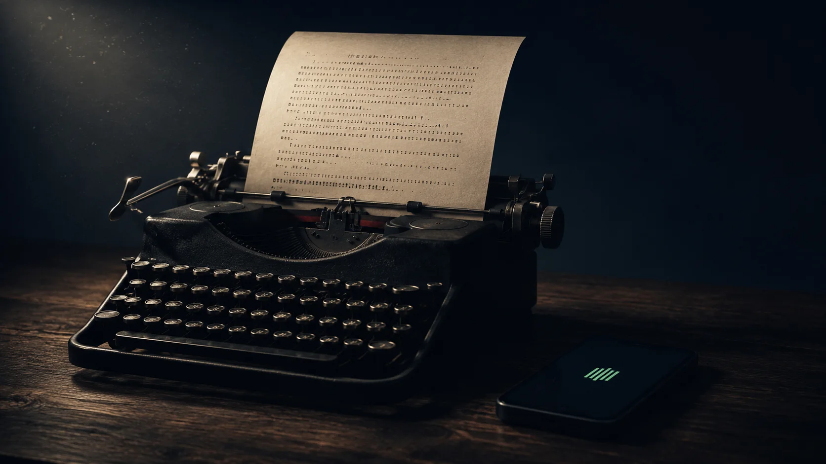 A vintage typewriter on a dark walnut desk with a sheet of cream paper, beside a smartphone showing a single soft green icon — representing an AI agent reading a curated site brief