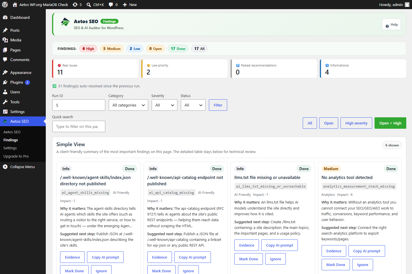 Aetos SEO findings in English with filters, priority cards, and fix guidance