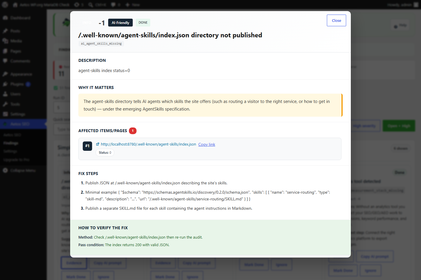 Aetos SEO finding detail in English with evidence and verification steps