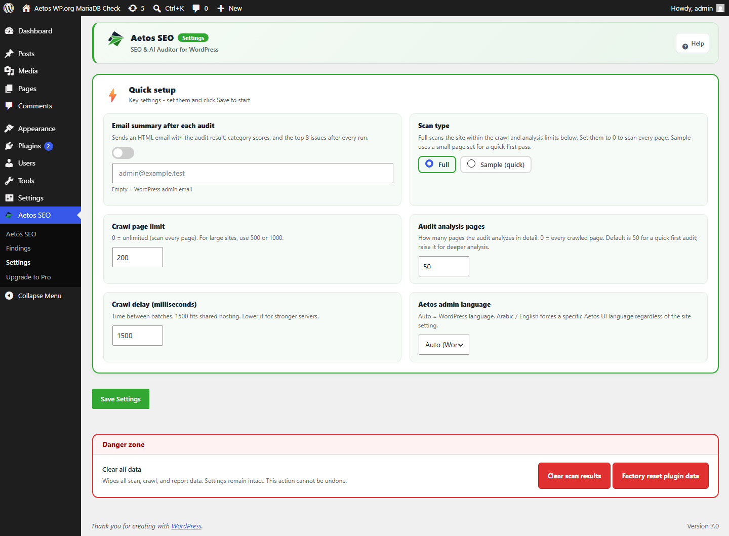 Aetos SEO settings in English with scan and language controls